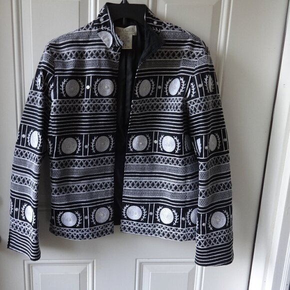 Silk Club women's size SP jacket black with white embroidery, open front, lined - Picture 1 of 16